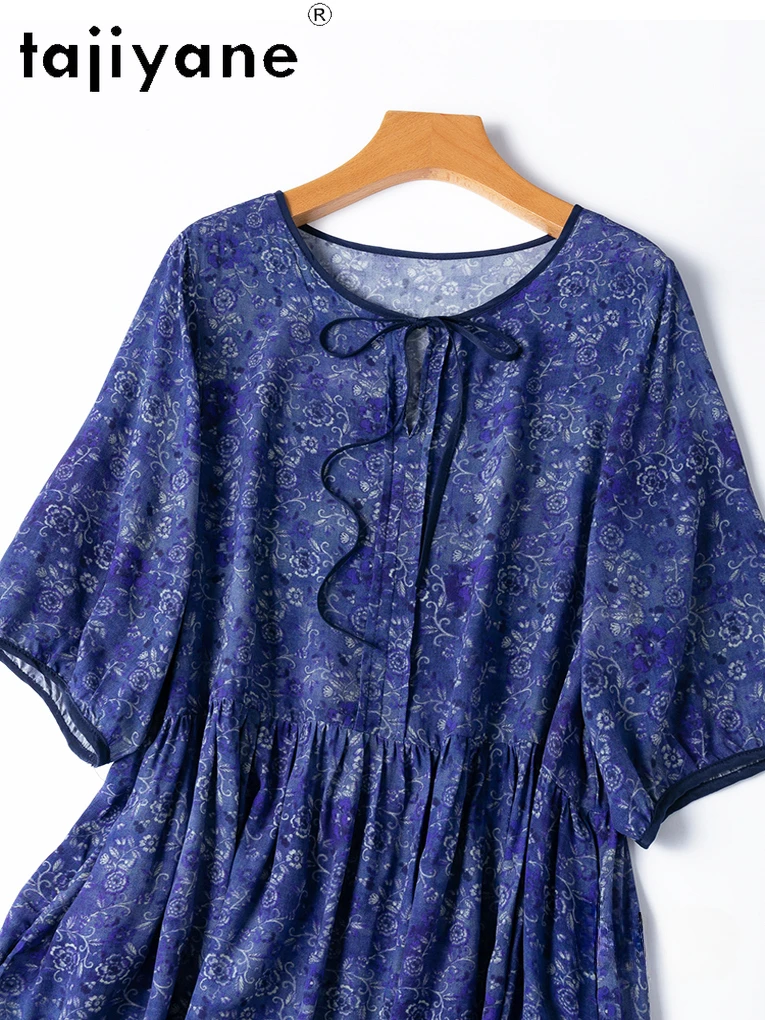 TAJIYANE 100% Real Mulberry Silk Dress Woman Summer 2025 New in Long Dresses Vacation Dark Blue Frocks Ladies Clothes Vestidos