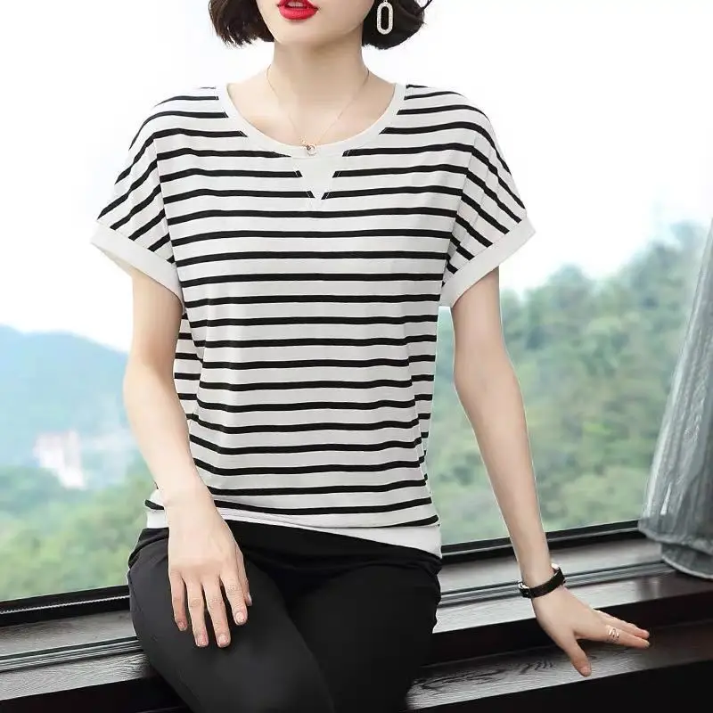 Vintage Plus Size Striped Tops Tees Summer New Short Sleeve O-Neck Loose All-match Casual T Shirts Fashion Office Women Clothing