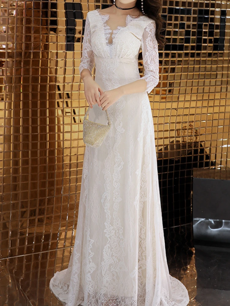 Customized Lace Elegant Long Small Tail White Deep V-neck Slim Fit Evening Dresses Temperament Half Sleeve 2024 Wedding Dresses