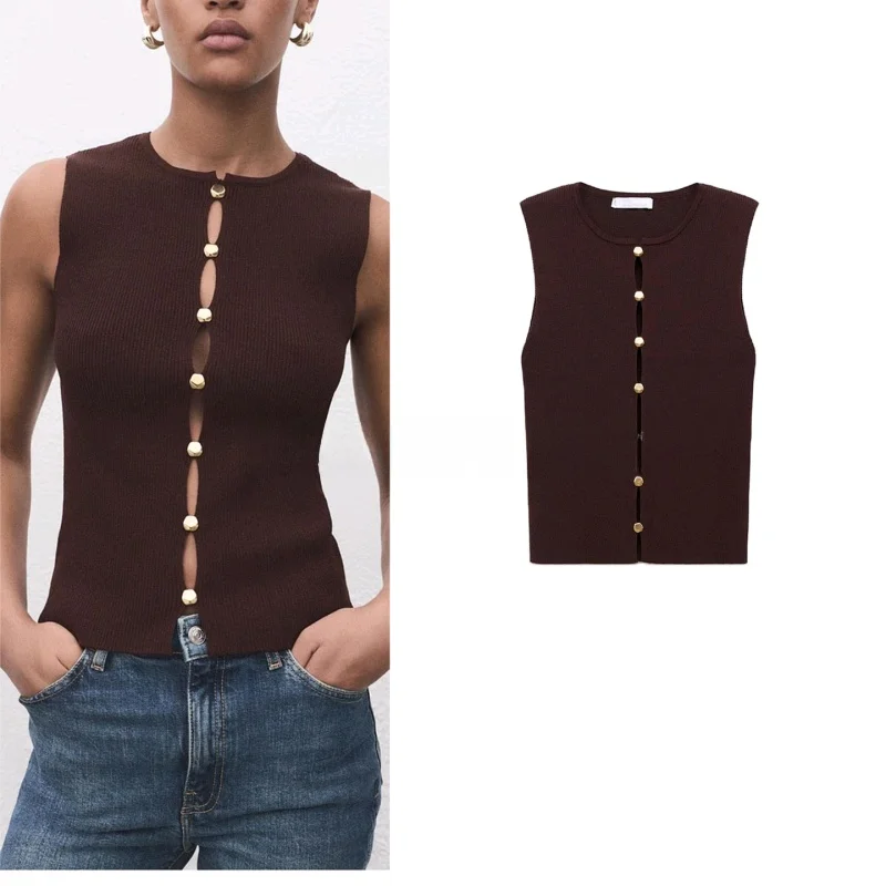 

Women's Knitted Metal Button round Ne Svel Slim Fit Vest Casual Sle Polyester Fiber Open Cardigan Autumn New Arrival