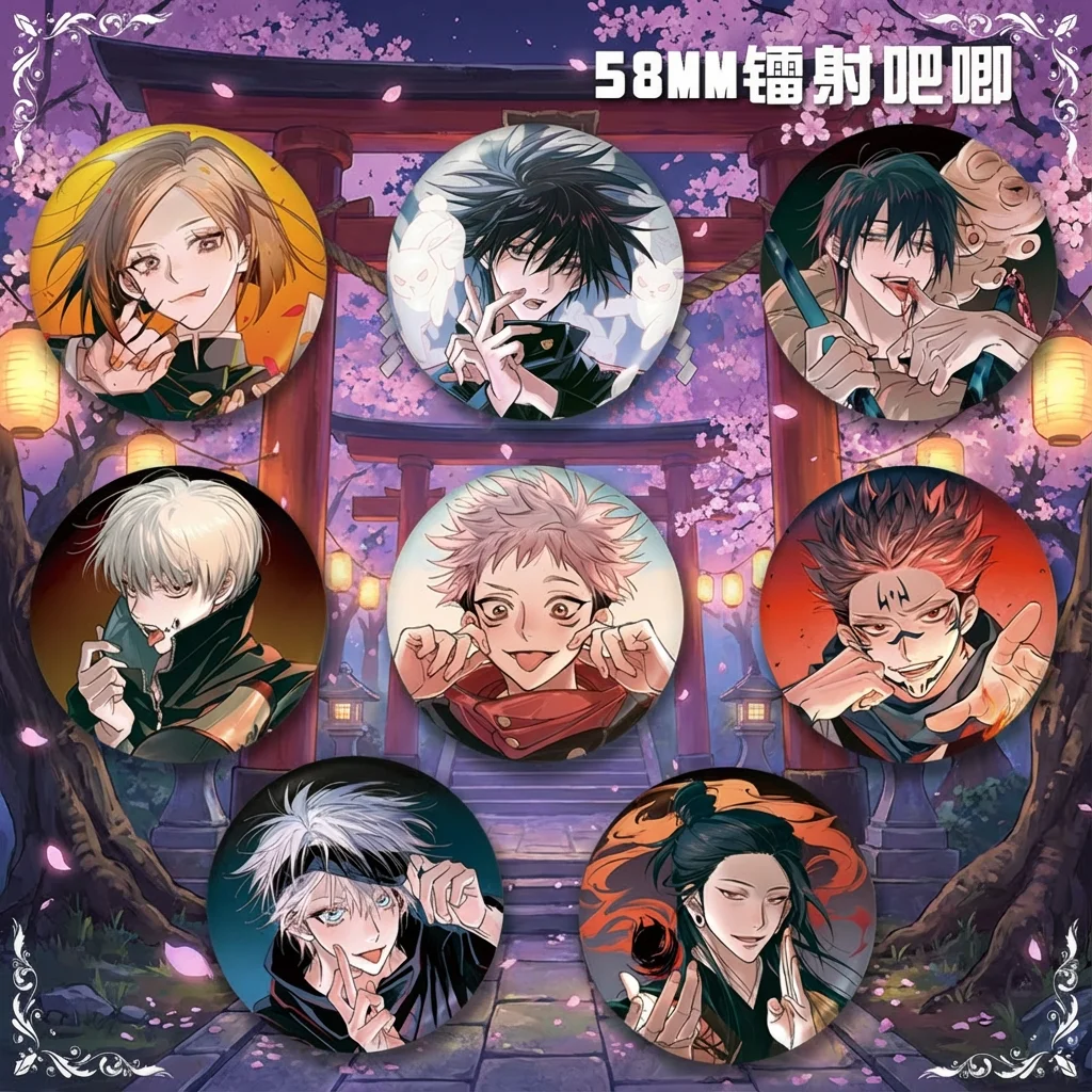 

Jujutsu Kaisen Anime Badge Gojo Satoru Sukuna Itadori Yuji Fushiguro Megumi Kugisaki Nobara 58mm Laser Коллекционные товары