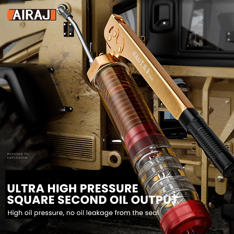 AIRAJ Manual Grip Grease Gun Aluminum Alloy Mini Gun 14000PSI Handheld Grease Filling with Flexible Hose With oil Suction Tray