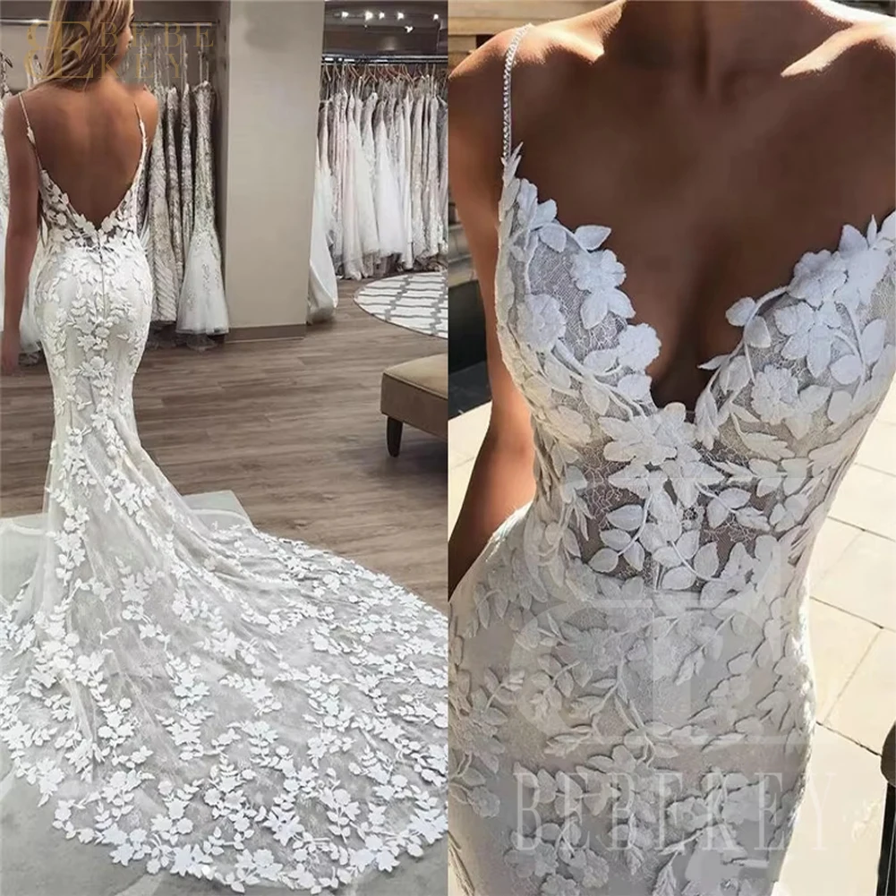 BEBEKEY Abito da sposa sexy in pizzo personalizzato senza spalline Abito da cerimonia nuziale a sirena Abiti da sposa senza schienale Abiti formali Robe