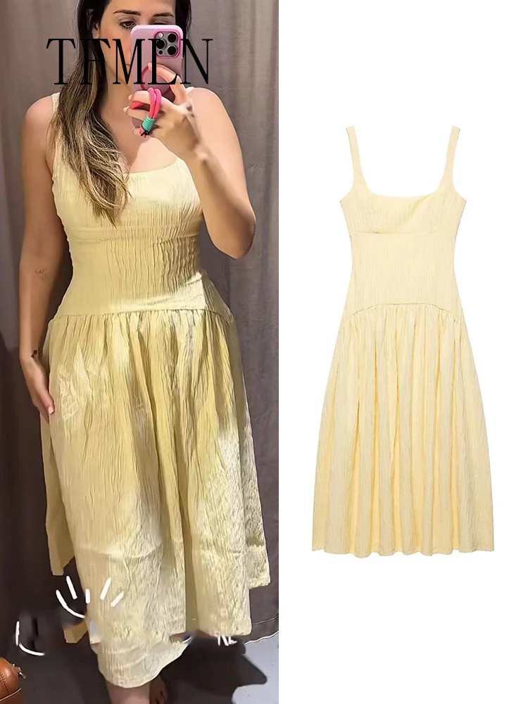 TFMLN Neue Frauen Midi Kleid Square Neck Plissee Kleider Chic Ärmel Slim Fit A-line Backless Weibliche Sommer Party Kleid