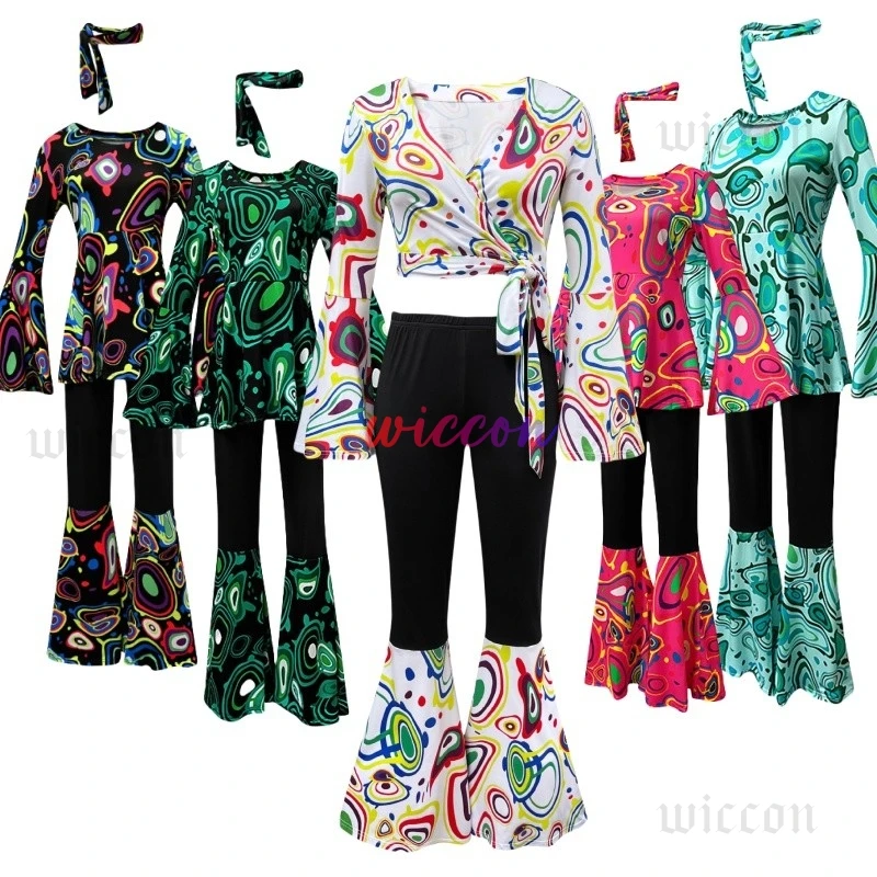 仮装パーティーヒッピーレトロ 70 年代平和印刷衣装衣装ロックディスコ男性女性ヒッピーベルボトム 코스프레 CostumeSuit