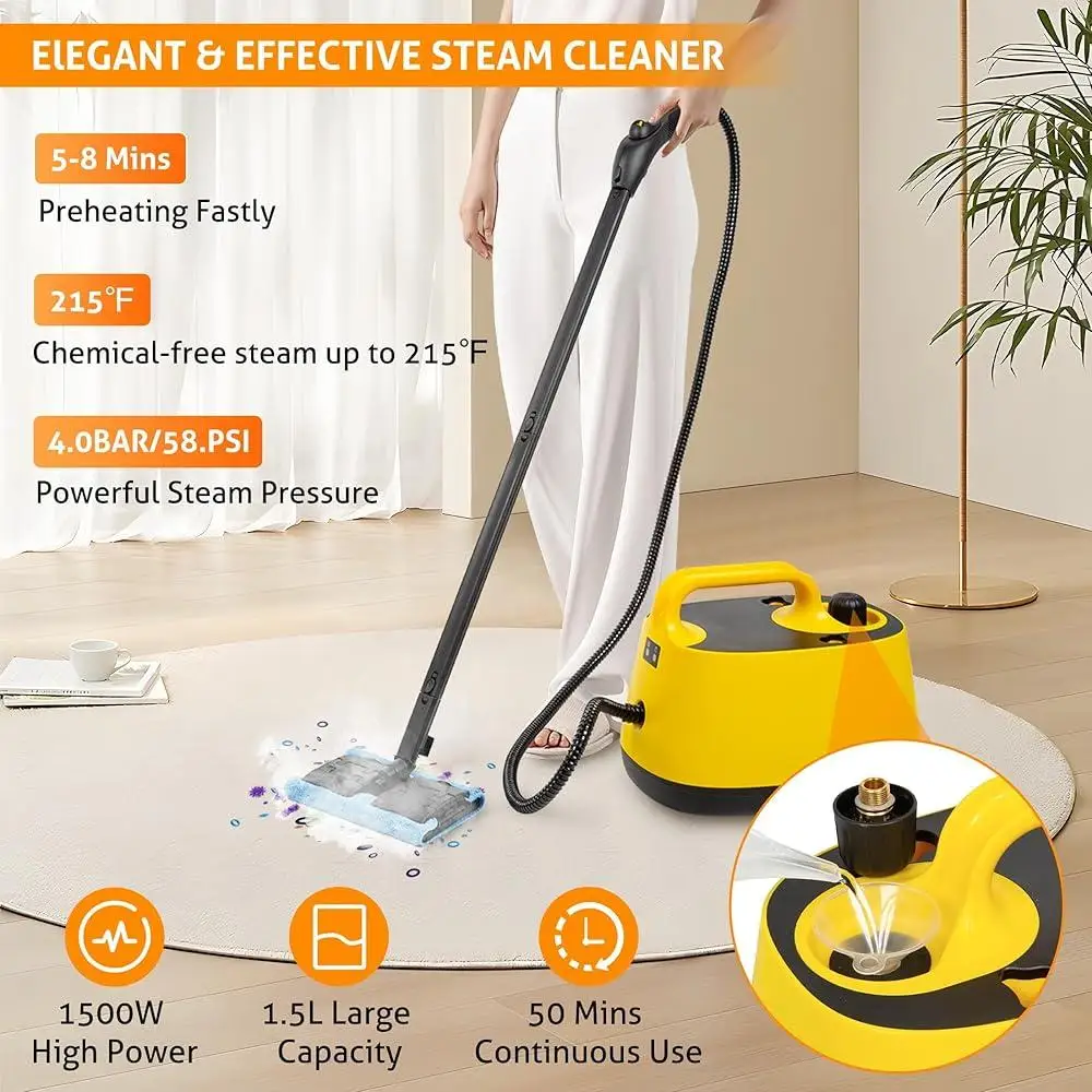 1500W Steam Cleaner Multipurpose High-Temp Floor Mop Pressure Washer 18" Surface Cleaner Home Kitchen Bathroom Car Cleaning