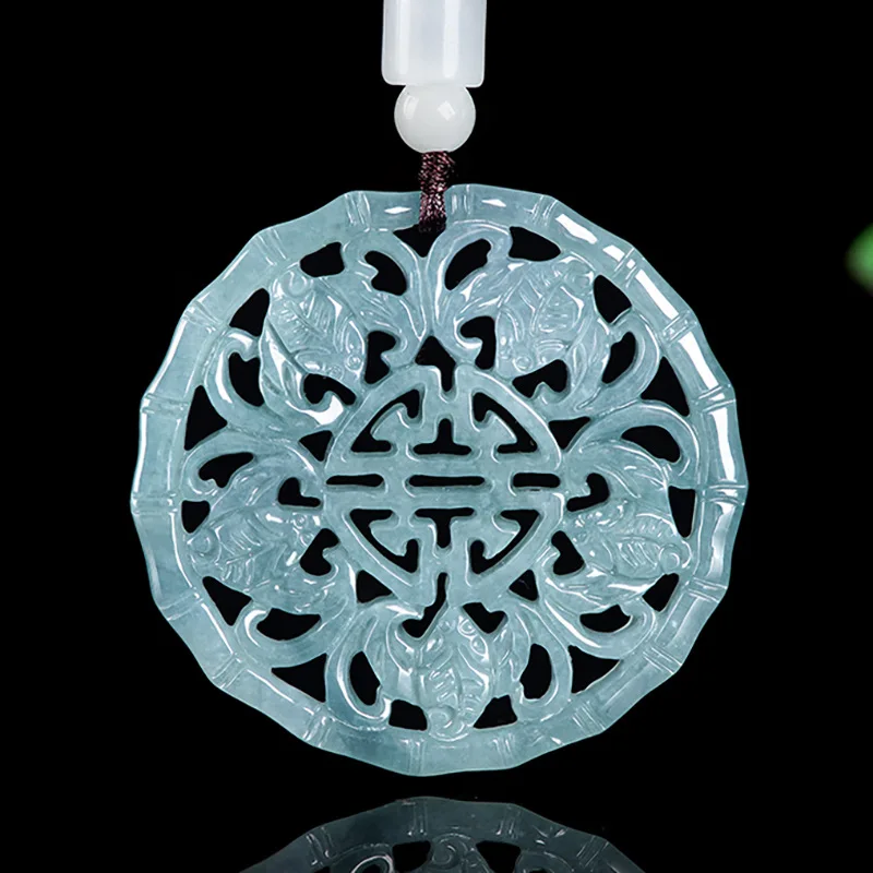 Natural A-grade Jadeite Blue Water Five Blessings Offering Longevity Pendant Sticky Jade Charms For Men's Gifts Women's Jewelry