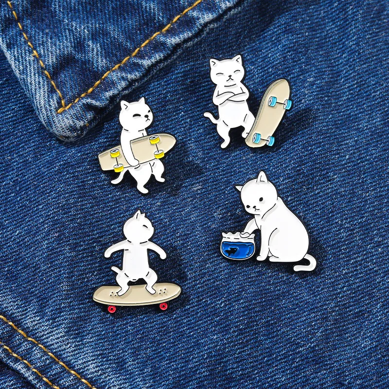 Cartoon Anime Black And White Cat Playing Skateboard Fishing Shape Metal Pins Backpack Clothing Hijab Decorative Badges Brooches