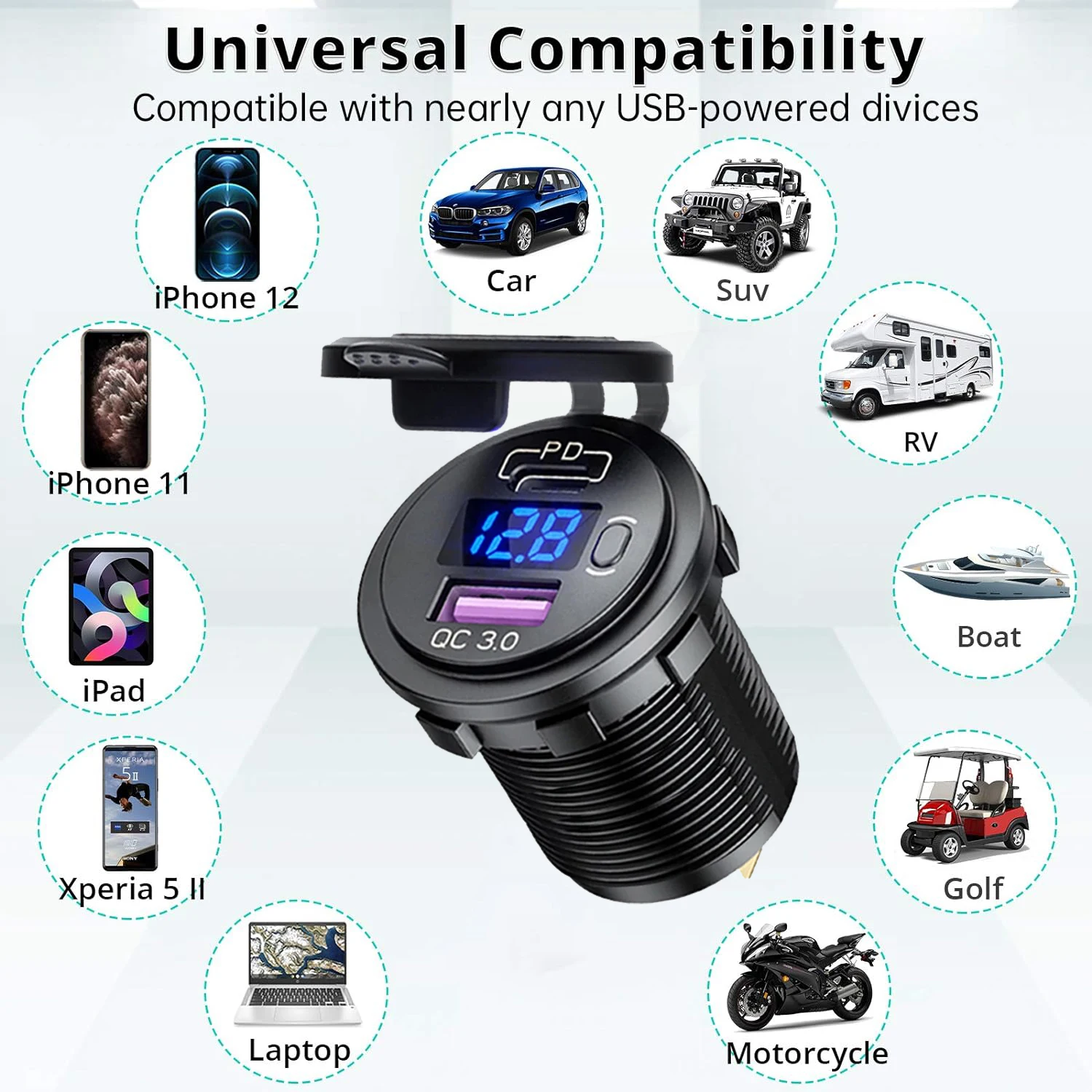 12V Car Fast Charger Power Socket QC3.0 and PD USB Port Car Charger Adapter with LED Voltmeter and On/Off Switch