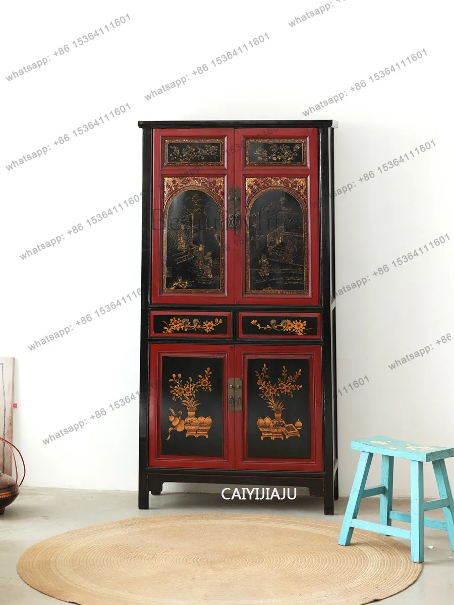 LD Chinese classical solid wood furniture antique hand-painted red and black gold-painted decorative cabinet