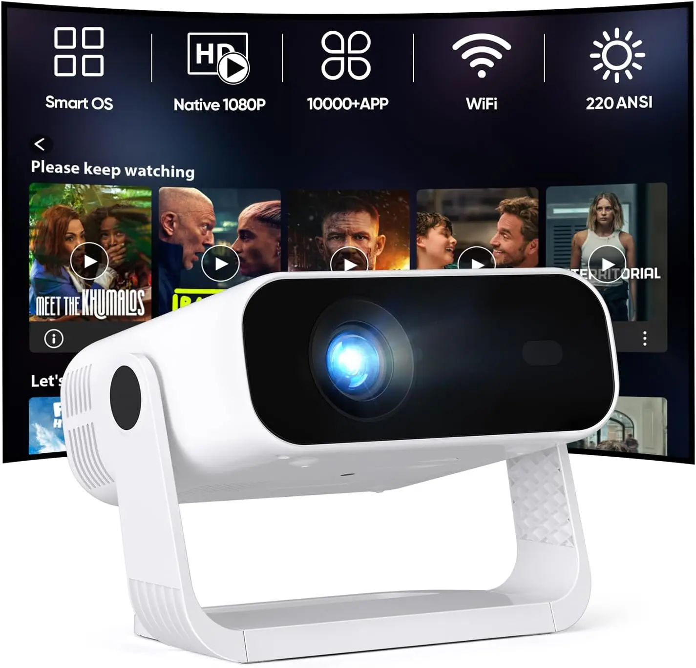 

Smart Mini Projector with WiFi & Bluetooth, 220 ANSI 1080P HD, 360° Rotatable Stand, 10000+ Built-in Apps, Portable Home Movie
