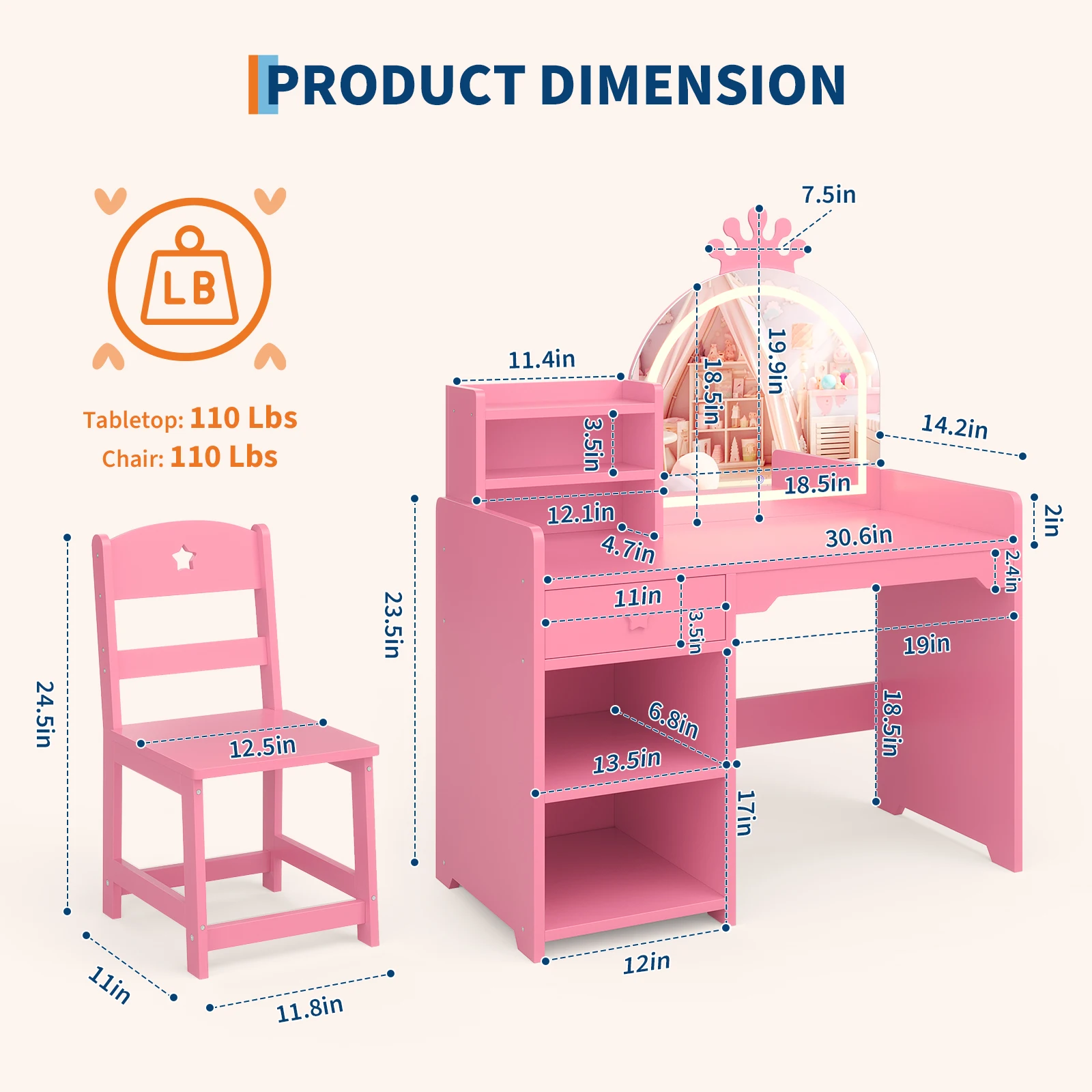 LED Crown Mirror Kids Vanity Set with Chair, 2-in-1 Wooden Princess Dressing Table, Adjustable Lighting, Open Bookshelf, Storage Cabinet & Drawer
