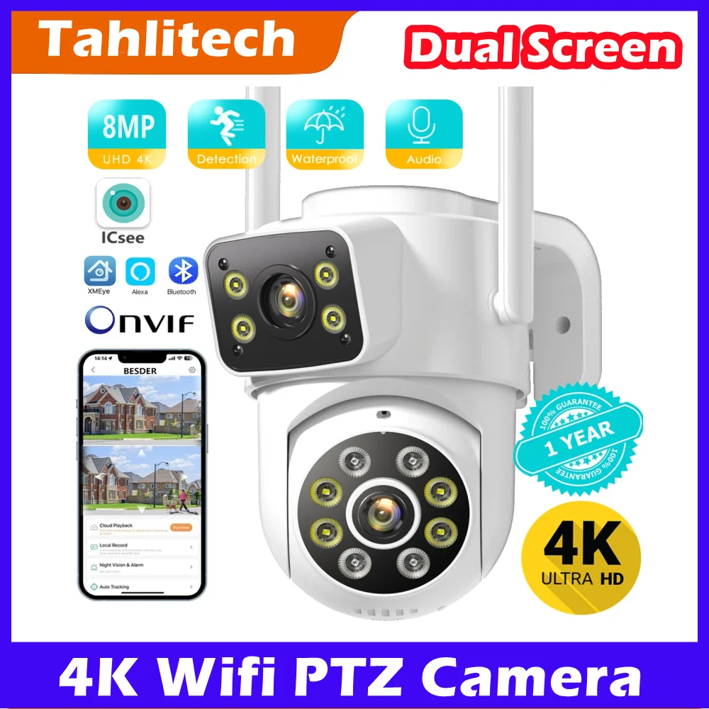 

8-мегапиксельная Wi-Fi камера PTZ с двумя экранами, автоматическое отслеживание, камера ночного видения, камера видеонаблюдения, уличная 4-мегапиксельная IP-камера безопасности icsee