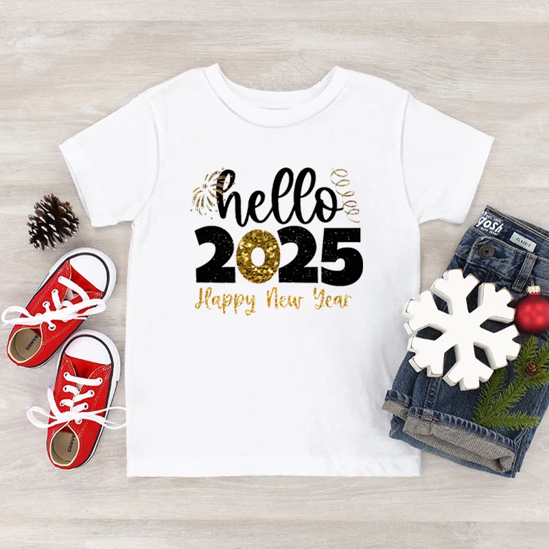 Boy Girl T-shirts Funny New Year Hello 2025 Print Tops Short Sleeve Fashion Sibling Matching Tees New Year Holiday Party Tshirt