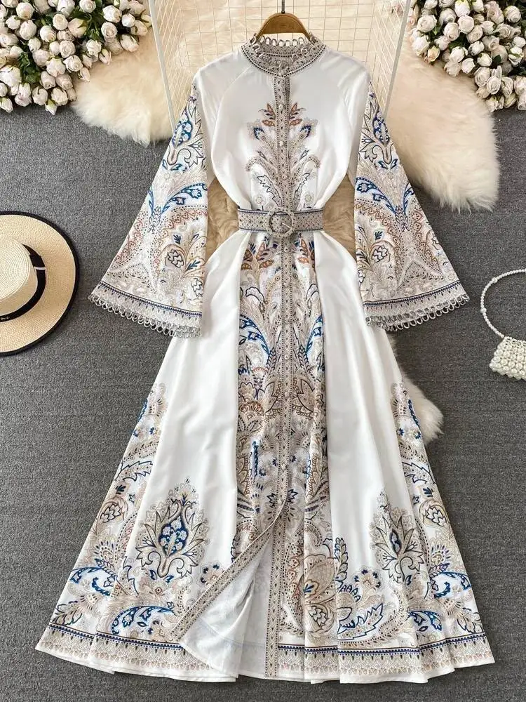 Women Vintage Maxi Dress Long Sleeve Slim A Line Single Breasted Print Party Dresses Ladies Elegant Long Sleeve Casual Long Robe