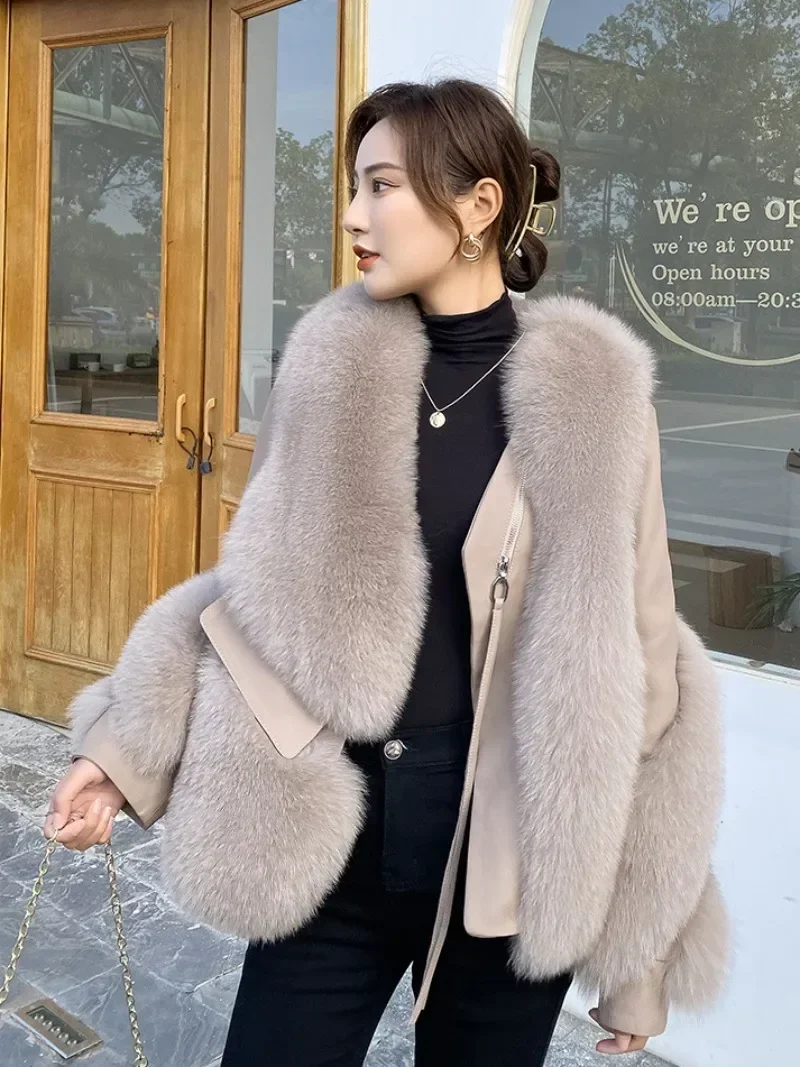 MENINA 2024 Autumn Winter Fur All-in-One Coat Women Fox Fur Coat Spliced Sheepskin Motorcycle Coat Thickened Warm Free Shipping