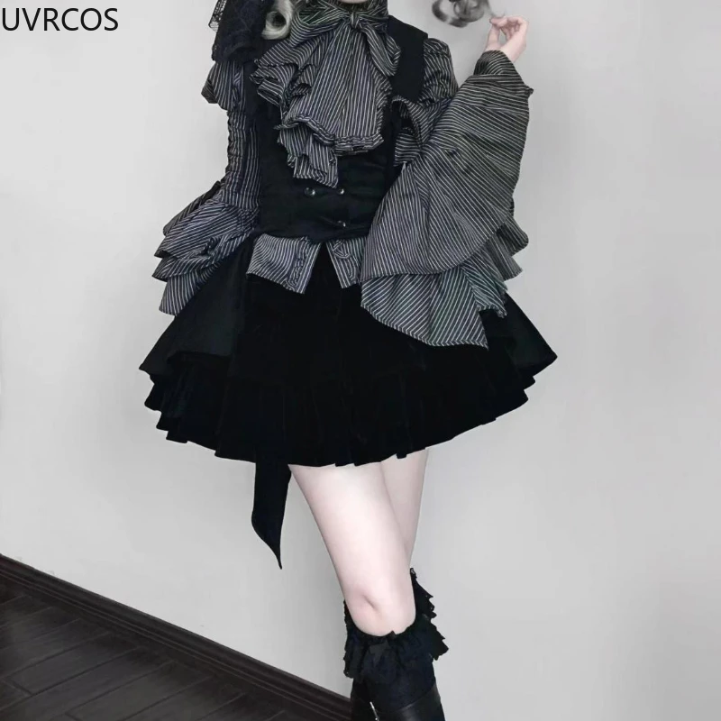 Japanese Gothic Y2k Lolita Style Skirt Sets Women Sweet Bow Striped Blouse Fluffy Cake Skirts Fashion Dark Academia JK Suit 2024