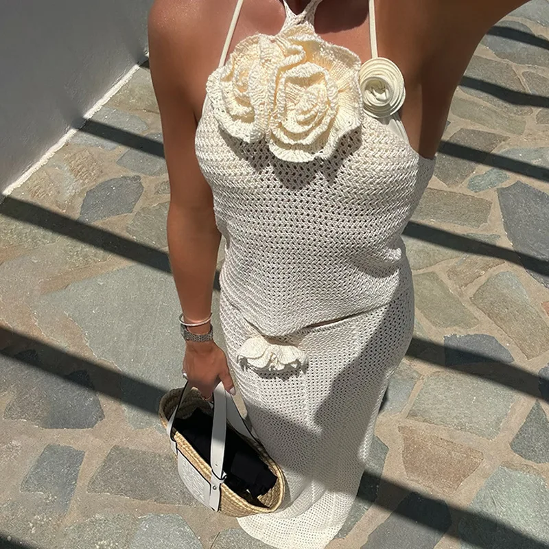 Sexy Cut Out Bell Sleeve Solid Knit Crochet Beach Maxi Dress 2025 Women Summer Chic Swimsuit Cover Up Elegant Party Outfit