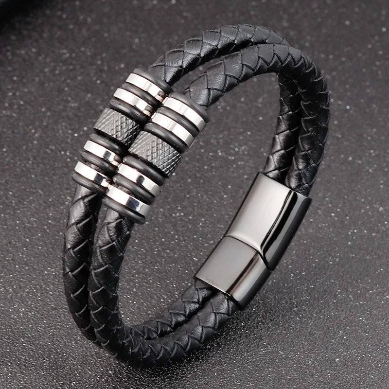 Fashion Stainlees Steel Genuine Leather Bracelet Men Woven Luxury Viking Wholesale Jewelry 2024 Trend