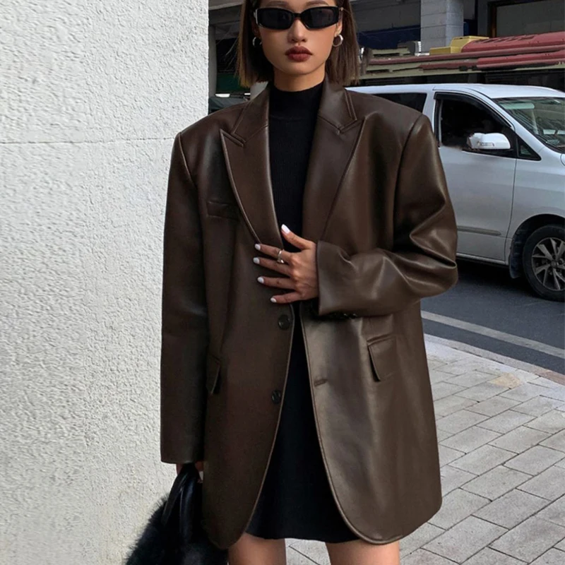 Mode Kaffee Farbe Frauen Split Schaffell Blazer Mäntel Neue Lose Beiläufige Zweireiher Damen Streetwear Leder Blazer Jacke