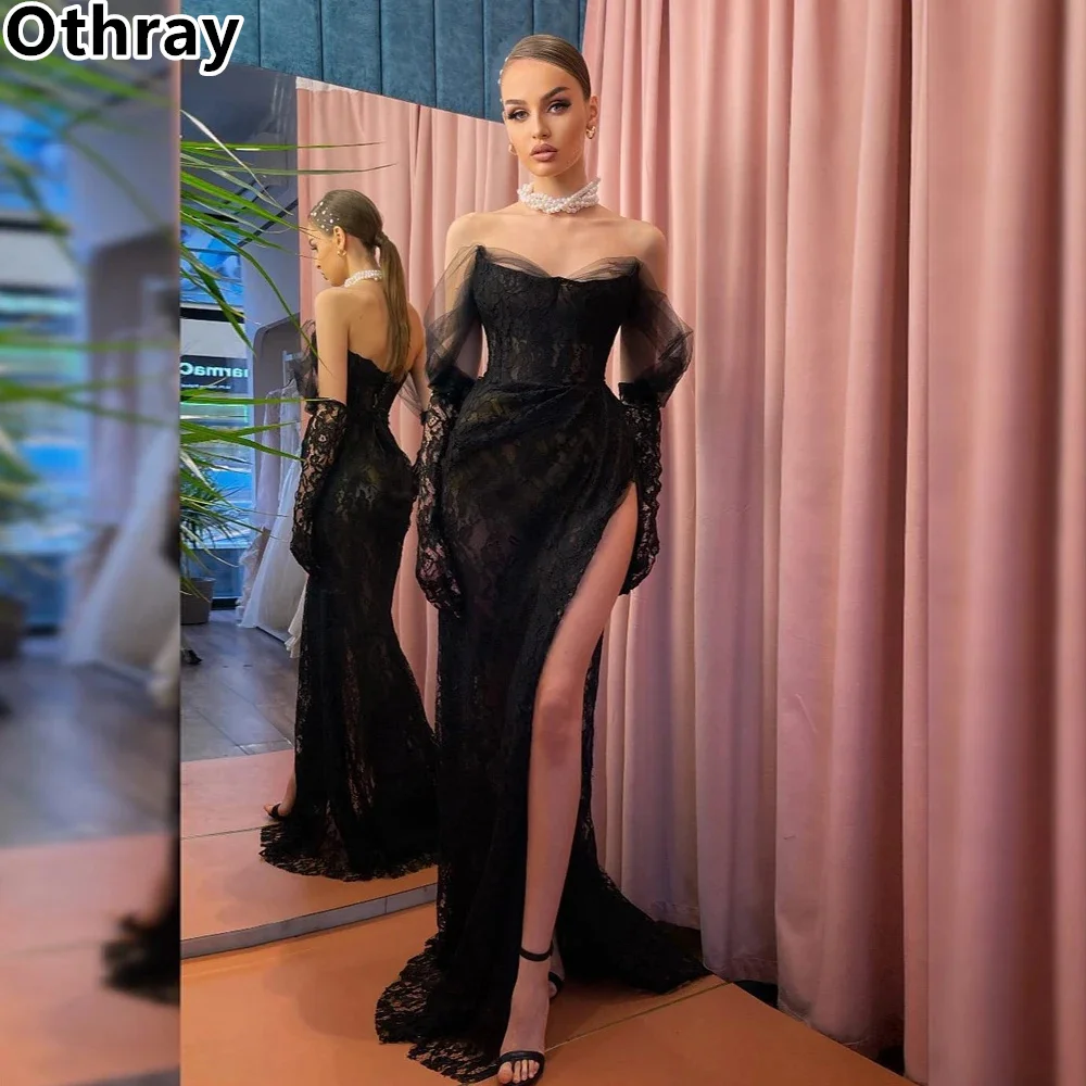 Othray Charming Black Lace Evening Dresses Off The Shoulder High Side Slit Exposed Boning Formal Night Party Prom Gowns 2024