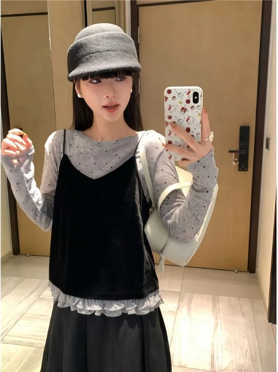

Fashionable Velvet Set Women's Spring 2026 New Style T-Shirt with Ruffle Polka Dot Long Sleeve Vest Layering Outfit