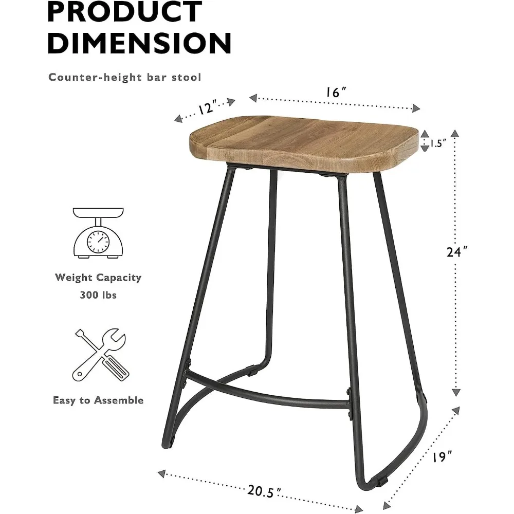 Taburetes de bar de 24 pulgadas, taburetes de bar con altura de mostrador con patas de metal, taburetes de cocina con sillín de madera, madera de olmo maciza natural, metal negro