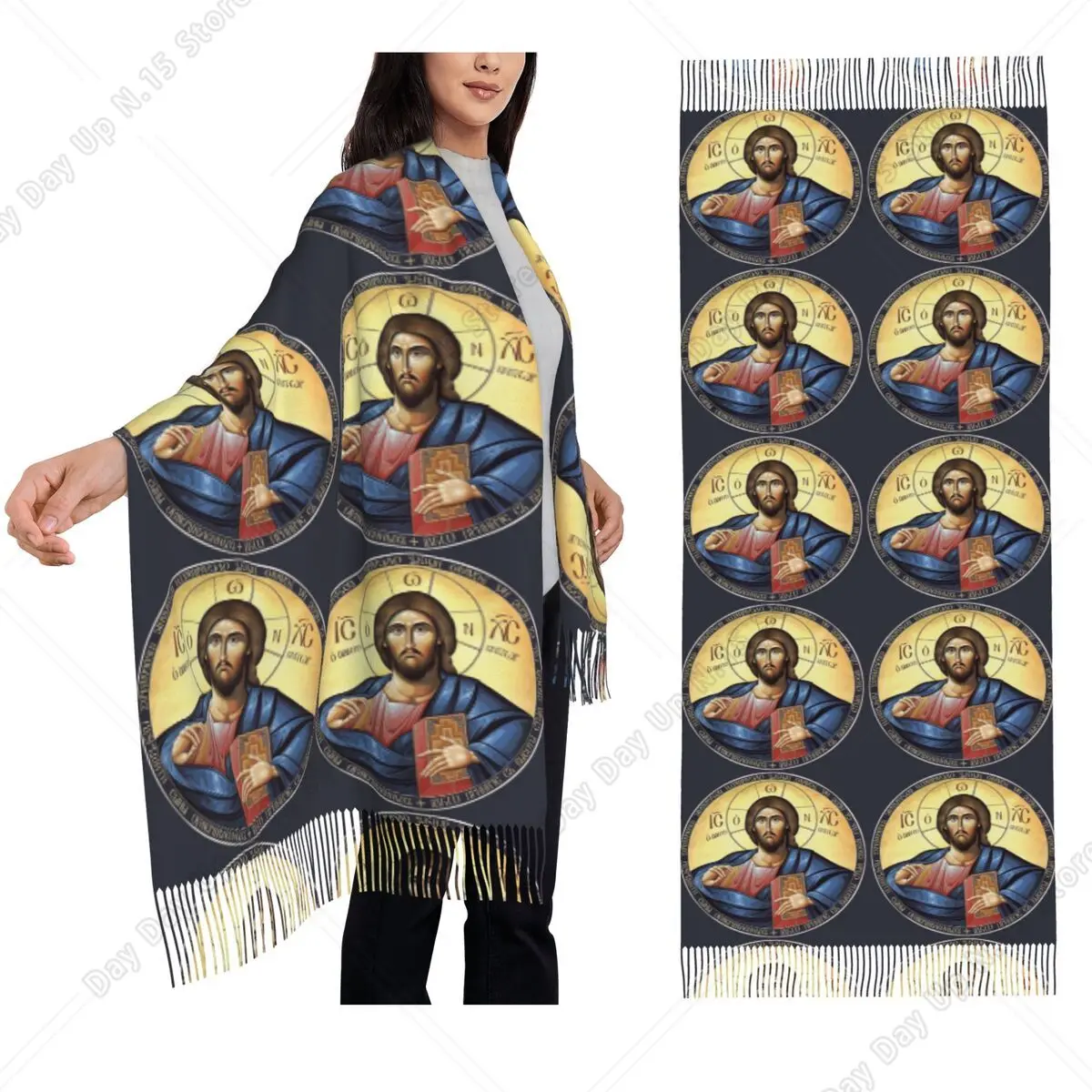 Christ Yeshua Jesus Christian Pantocrator Orthodox Icon Scarf Tassel Scarves for Women Shawls and Wraps Long Winter Shawl Wrap