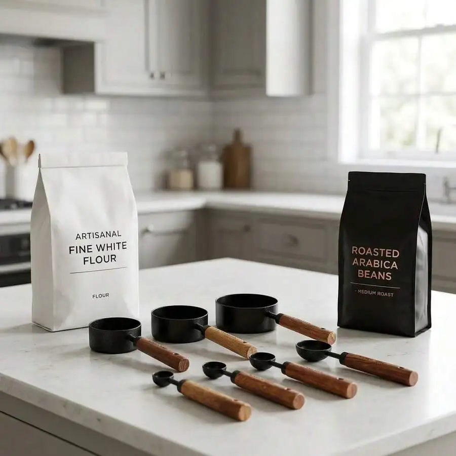 Premium 8-Piece Black Measuring Cups And Spoons Set, Stainless Steel With Wooden Handle, Nonstick Durable Kitchen Measuring Tool