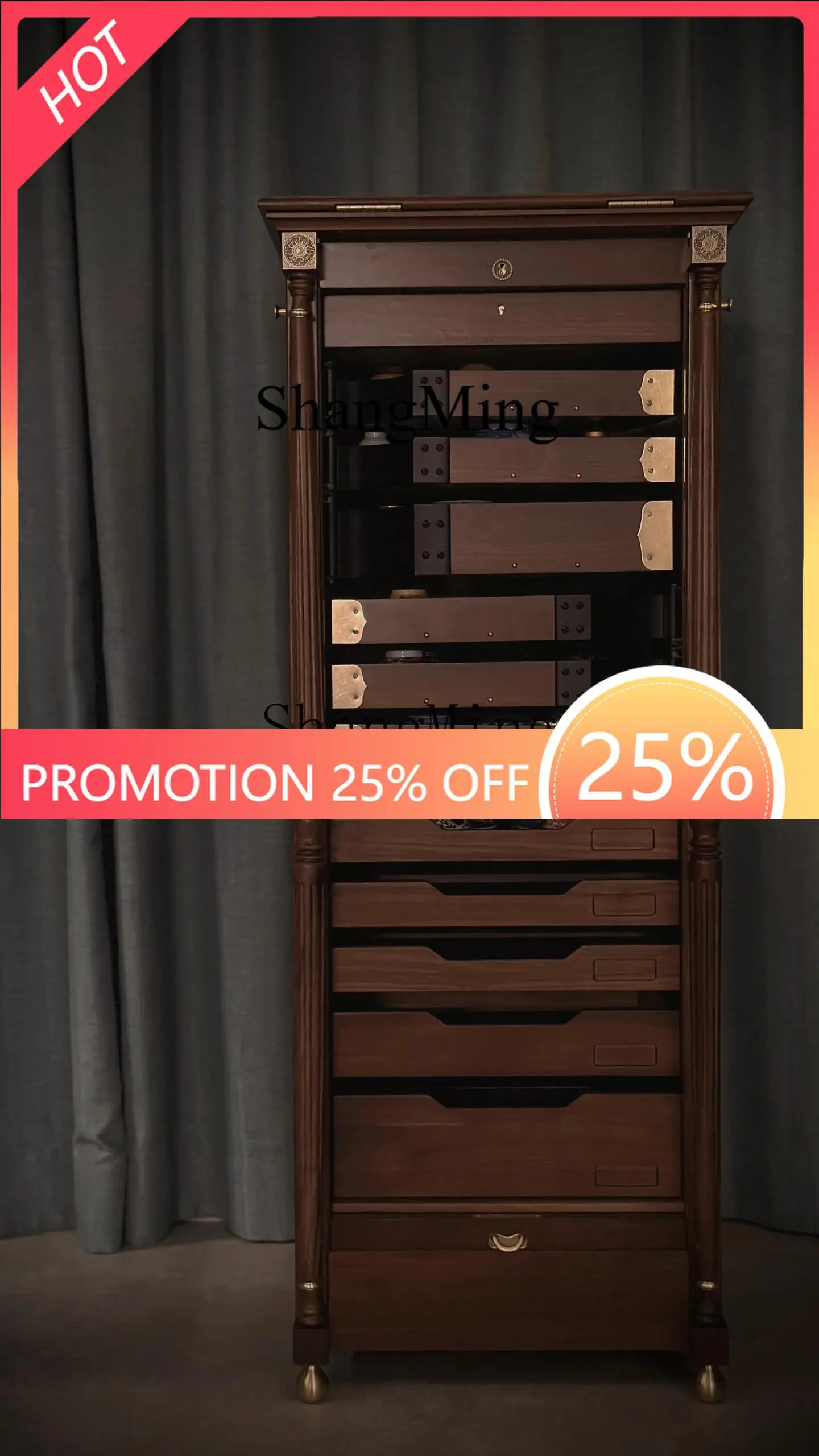 

FG good-looking black walnut dental tea set storage floor cabinet Wenwan jewelry solid wood rotating tea set cabinet