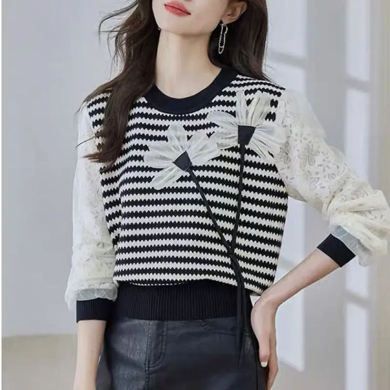 Spring Autumn Round Neck Gauze Women\'s Pullover Striped Lantern Long Sleeve Tie Flowers Sweater Knitted Casual Commute Tops