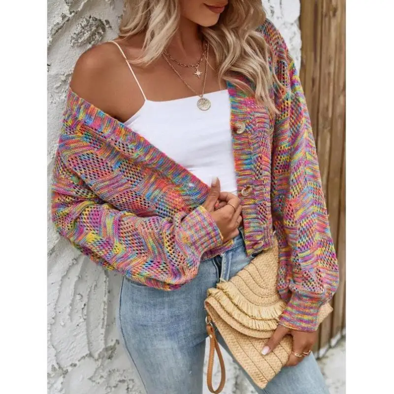 

New 22520 Sle Long Sve Color Dyed Open Cardigan oulder Drop Women's Knitted Sweater Ci Walk Collar Coolmax Fiber