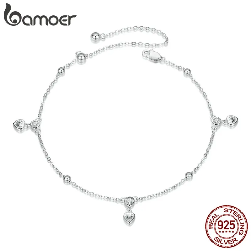 

BAMOER 925 Sterling Silver Heart Fringe Chain Anklet Bracelet, Adjustable Beach Ankle Bracelets for Women Foot Chain Jewelry