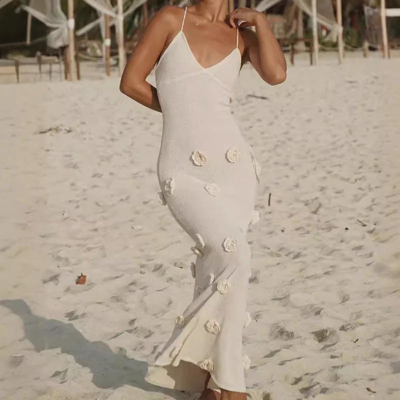 JIAYAN 2025 ฤดูร้อนผู้หญิงถัก Maxi Cami ชุด 3D ดอกไม้ Body Con ชุดยาว