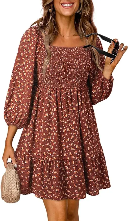 Vestido corto informal de manga 3/4 para mujer, minivestido bohemio con estampado Floral, escote cuadrado, corte en A, para primavera y verano