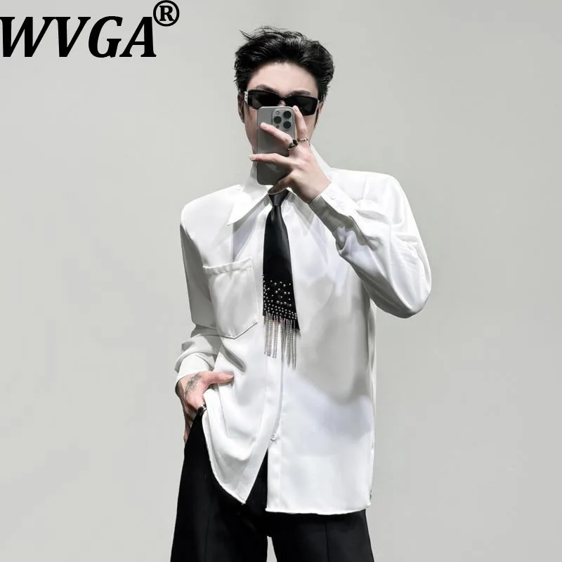 

WVGA Spring New Men Metal Beaded Tassel Tie Trendy Long Sleeve Shirt Stylish Niche Casual Loose Fit Shoulder Pads Top Ins W24078