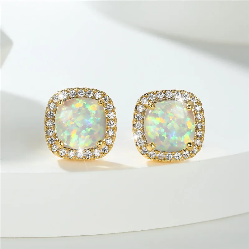 Cute Female Green White Fire Opal Stud Earrings Vintage Yellow Gold Color Wedding Jewelry For Women