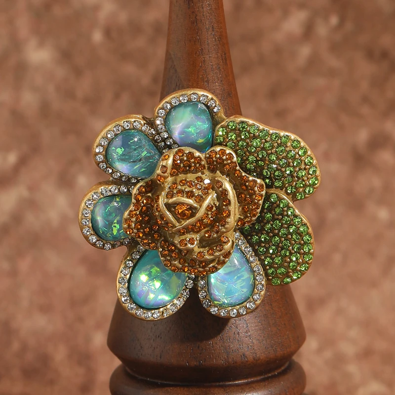 

﻿ Vintage Large Flower Ring Decoration Opal Jewelry Big Antique Gold Color Water Drop Rhinestone For Woman Wedding Accessories