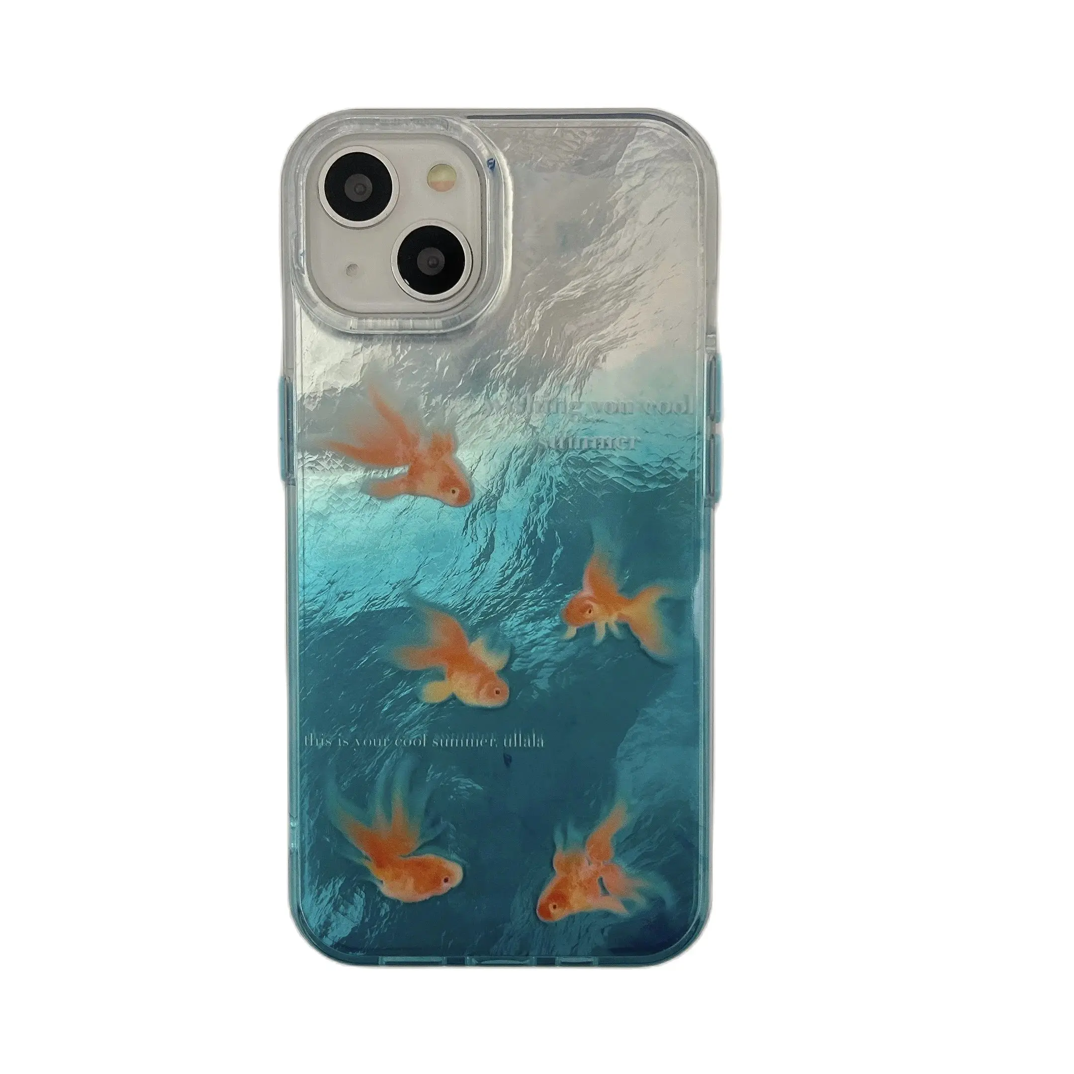 Korean Ins Blue Ocean Lazily Goldfish Water Ripple Phone Case for iPhone 16 15 14 13 11 Pro Max Plus Back Cover for 12 Pro Max