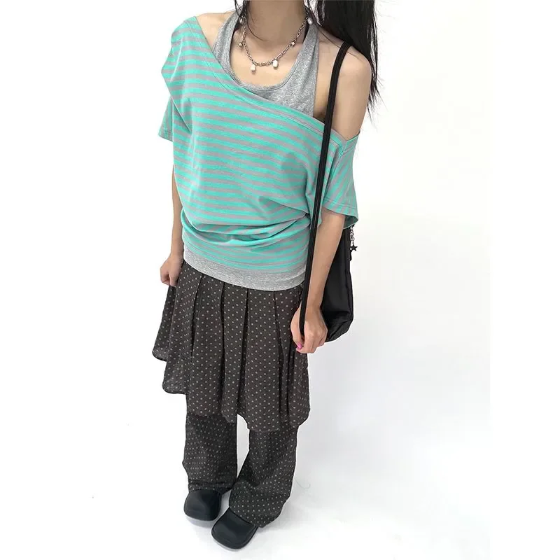 Y2K Women Fake Two Piece Striped Off Shoulder T Shirt Halter Cami Layered Short Sleeve Top Stripe Casual Streetwear Blouse