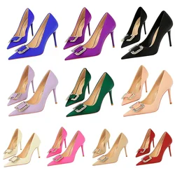 Women 10cm High Heels Formal Occasion Purple Pink Blue Pumps Lady Classic Metal Rhinestone Buckle Heels Satin Replica Work Shoes