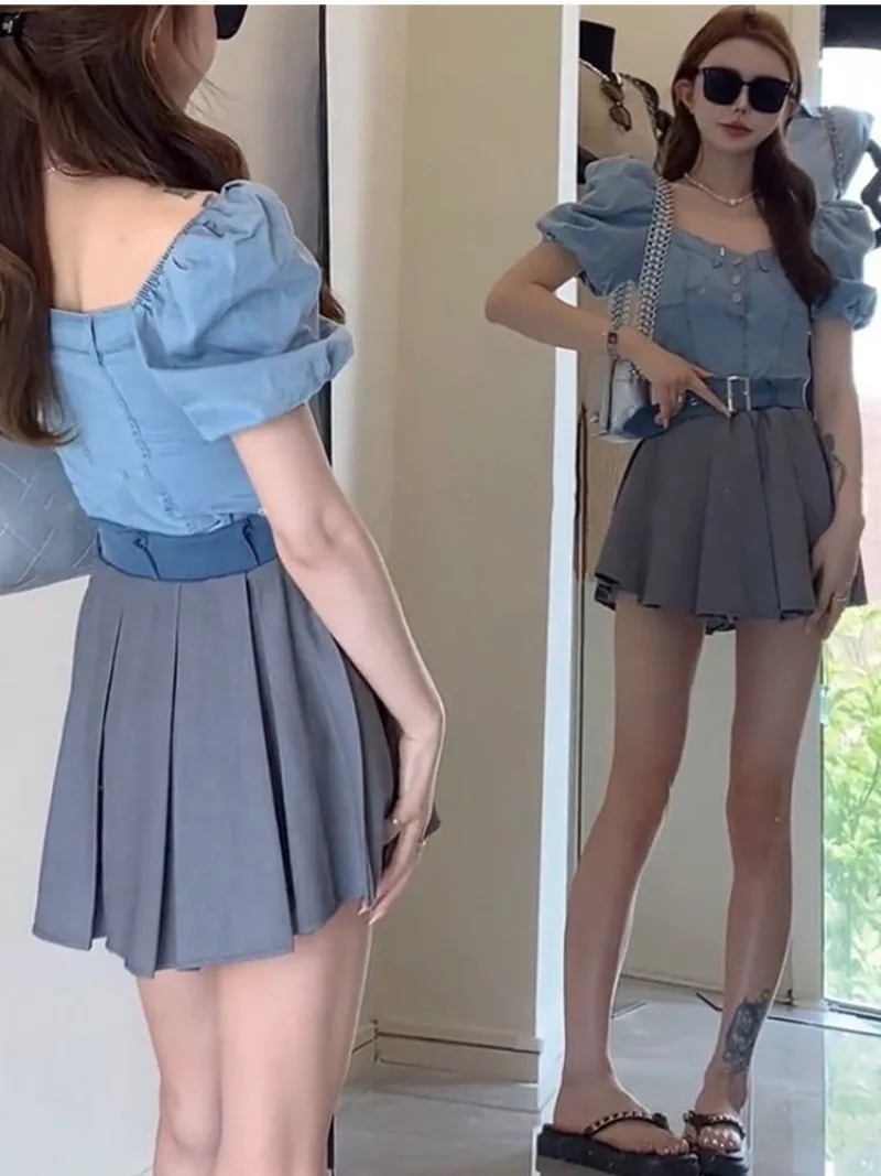 Korean Sweet Denim Top Pleated Skirt Two-piece Set Women Bubble Sleeves Collarbone Solid Fashion Gentle Slim Summer Chic Suit