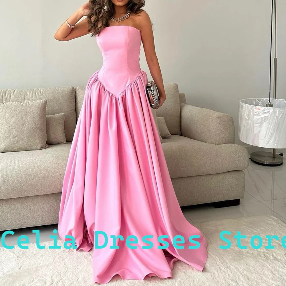 Formal Pink Jersey Sweep Train Pleats Evening Dress Sleeveless Straight Strapless Floor Length Custom Size Vestido De Noche 2024