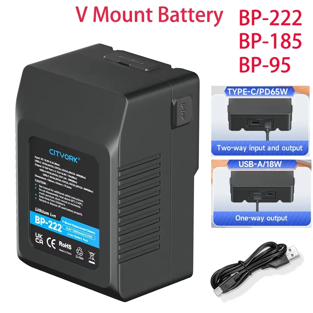 V Mount Battery BP185 BP95 V-Lock Battery BP222  with PD20W Cable USB-C For Sony Camcorder Broadcast Video Light Blackmagic URSA