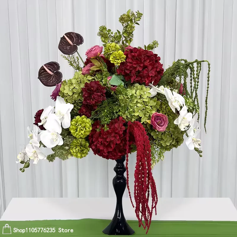 Grüne Burgunderrote Künstliche Blumenarrangements Anthurium Hortensie Orchidee Tischdekoration Blumenball Hochzeit Esstisch Blumendeko – Detail 6