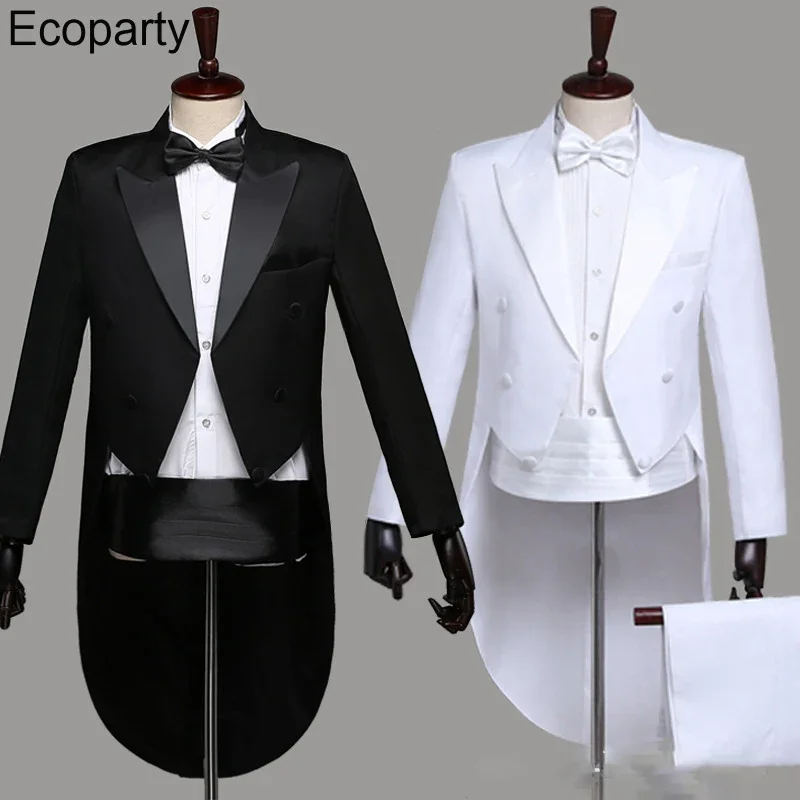 New 2-Piece Tailcoat Suits Men Classic Black Shiny Lapel Tail Tuxedo Coat Pants Bow Set Wedding Groom Dress Up Singer Outfits