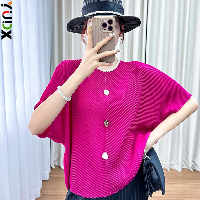 YUDX Miyake Pleated 2024 Summer Casual Korean Style Bat Short-sleeved Round Neck Button Solid Color Fashionable Slim Top Women