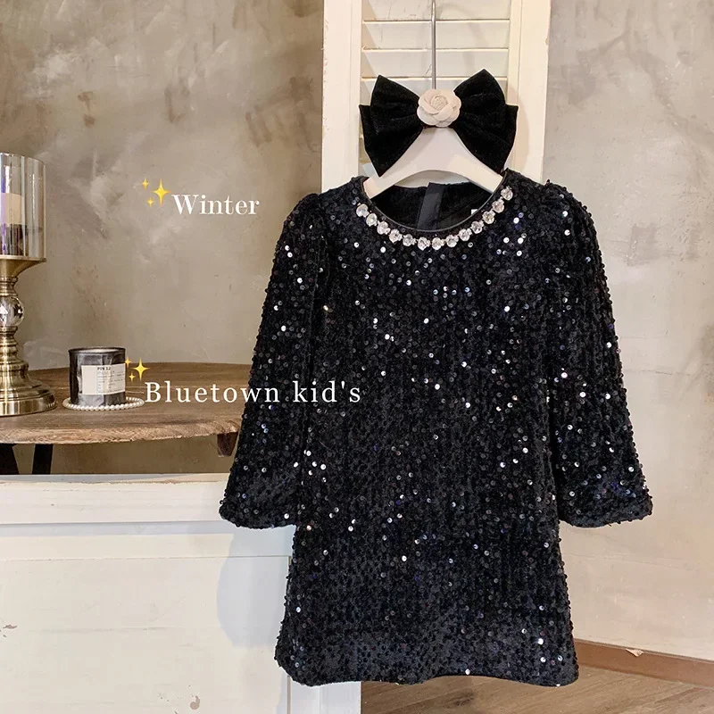 Girls\' Dress Winter New Foreign Style Girls Velvet Princess Dress Children\'s Fashionable Sequined Heavy Industry Dress