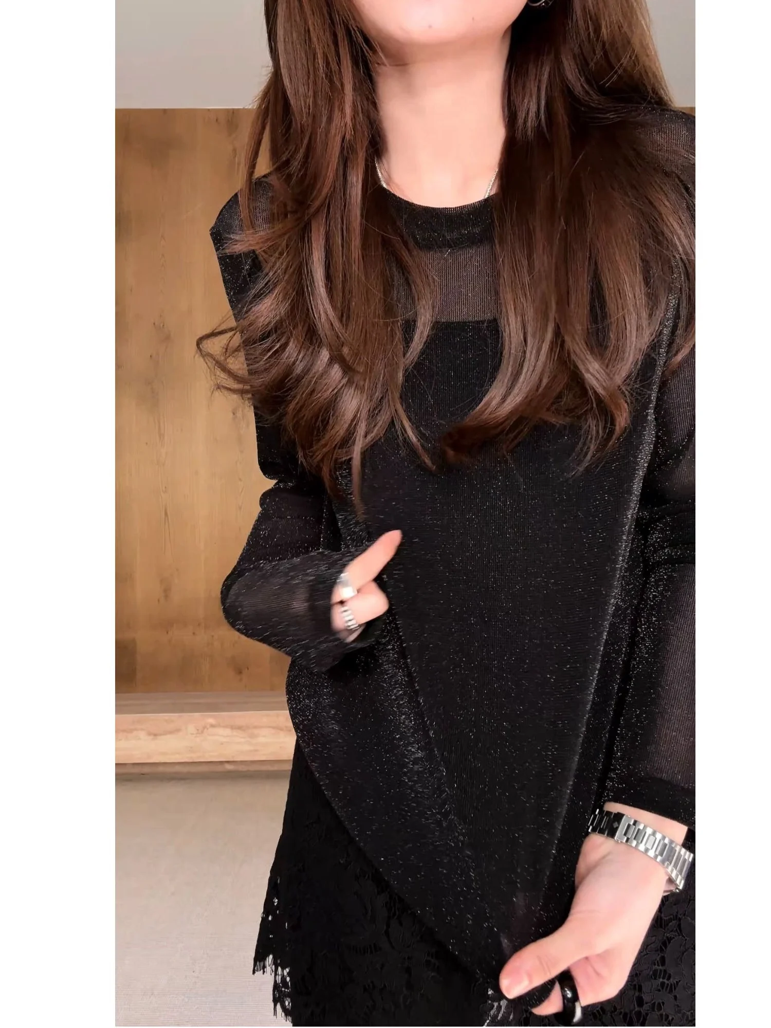 

Женская блузка-лонгслив Monthly No Fish Spring New Style: универсальная, блестящая, свободного кроя, с круглым вырезом