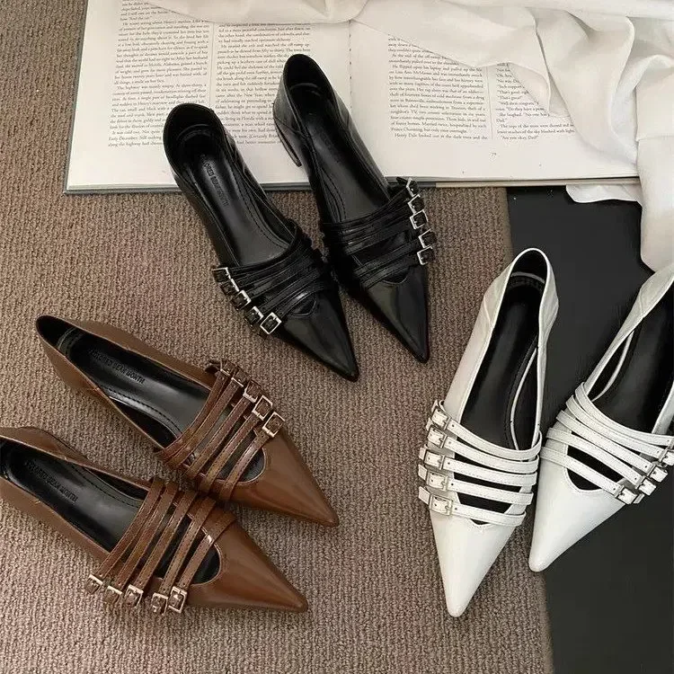 2024 Shoes for Women Pumps Low Heel Pointed Toe Goth Sexy Elegant Woman Heeled White Loafers Slip on New in Belt  35-41